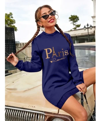 Kadın Uzun Kollu Bisiklet Yaka Yazılı Kısa Viskon Iki Iplik Elbise