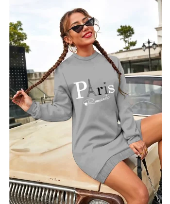 Kadın Uzun Kollu Bisiklet Yaka Yazılı Kısa Viskon Iki Iplik Elbise