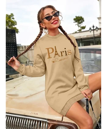 Kadın Uzun Kollu Bisiklet Yaka Yazılı Kısa Viskon Iki Iplik Elbise