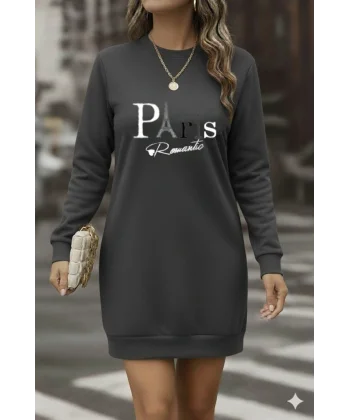 Kadın Uzun Kollu Bisiklet Yaka Yazılı Kısa Viskon Iki Iplik Elbise