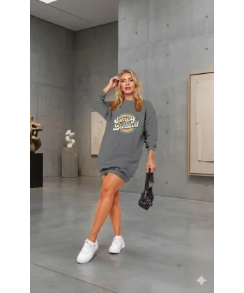 Kadın Uzun Kollu Bisiklet Yaka Yazılı Viskon Iki Iplik Elbise