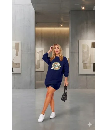 Kadın Uzun Kollu Bisiklet Yaka Yazılı Viskon Iki Iplik Elbise