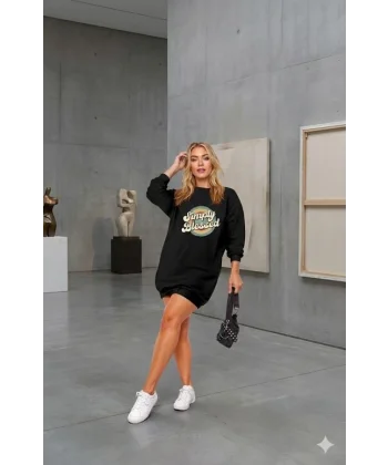 Kadın Uzun Kollu Bisiklet Yaka Yazılı Viskon Iki Iplik Elbise