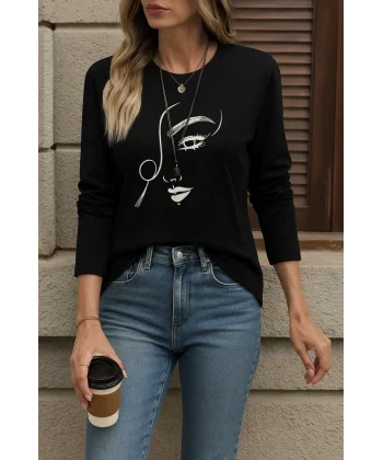 Kadın Uzun Kollu Bisiklet Yaka Yüz Desenli Viskon Bluz