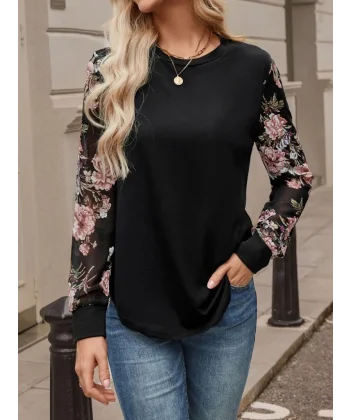Kadın Uzun Kollu Bisiklet Yakalı Kolun çiçek Desenli Viskon Iki Iplik Bluz
