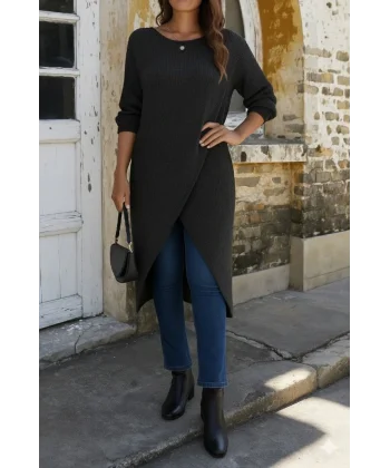 Kadın Uzun Kollu Bisiklet Yakalı önden çapraz Kesim Detaylı Midi Triko Elbise