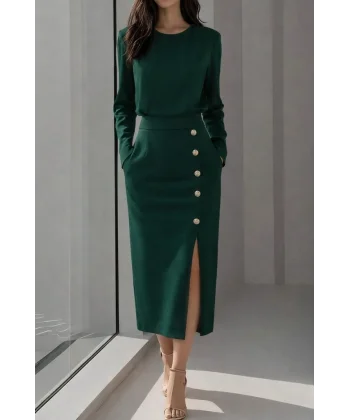 Kadın Uzun Kollu Bisiklet Yakalı Yandan Yırtmaçlı Düğmeli Midi Ithal Krep Elbise