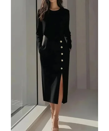 Kadın Uzun Kollu Bisiklet Yakalı Yandan Yırtmaçlı Düğmeli Midi Ithal Krep Elbise