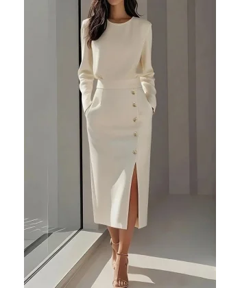 Kadın Uzun Kollu Bisiklet Yakalı Yandan Yırtmaçlı Düğmeli Midi Ithal Krep Elbise