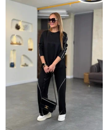 Kadın Uzun Kollu Biye Detay Modal Kumaş Salaş Ikili Takım