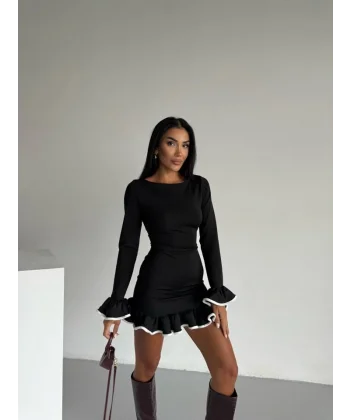 Kadın Uzun Kollu Biye Ve Volan Detaylı Dalgıç Kumaş Mini Elbise