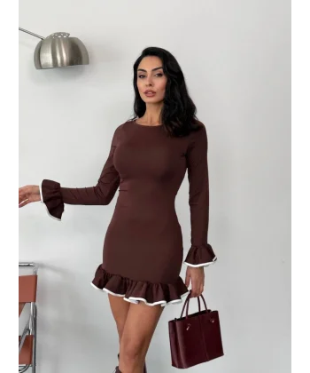 Kadın Uzun Kollu Biye Ve Volan Detaylı Dalgıç Kumaş Mini Elbise