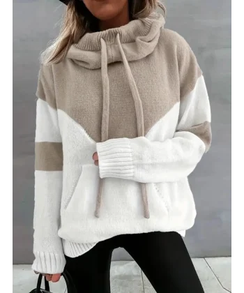 Kadın Uzun Kollu Blok Desenli Bağcıklı Triko Bluz