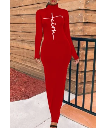 Kadın Uzun Kollu Boğazlı Baskı Detaylı Viskon Tam Boy Elbise