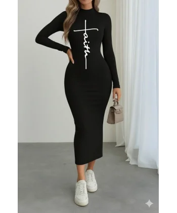 Kadın Uzun Kollu Boğazlı Baskı Detaylı Viskon Tam Boy Elbise