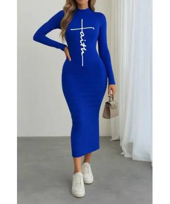 Kadın Uzun Kollu Boğazlı Baskı Detaylı Viskon Tam Boy Elbise