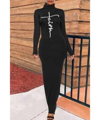 Kadın Uzun Kollu Boğazlı Baskı Detaylı Viskon Tam Boy Elbise