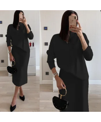 Kadın Uzun Kollu Boğazlı Kazak Ve Yanı Yırtmaçlı Etek Akrilik Ikili Takım