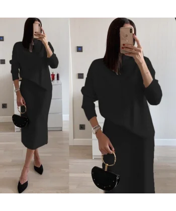 Kadın Uzun Kollu Boğazlı Kazak Ve Yanı Yırtmaçlı Etek Akrilik Ikili Takım