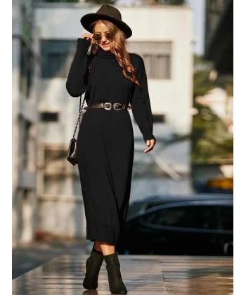 Kadın Uzun Kollu Boğazlı Midi Boy Triko Elbise (kemersiz)