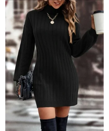 Kadın Uzun Kollu Boğazlı Uzun Balon Kol Triko Mini Elbise