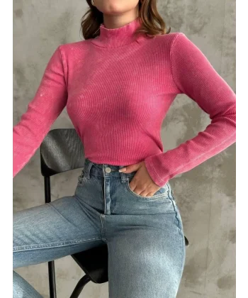 Kadın Uzun Kollu Boğazlı Yaka Asit Yıkamalı Kaşkorse Kumaş Kazak