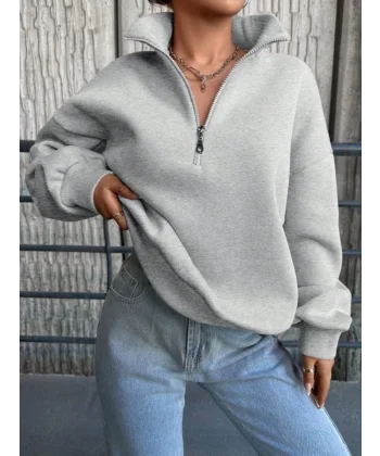 Kadın Uzun Kollu Boğazlı Yaka Fermuar Detay üç Iplik şardonlu Sweat