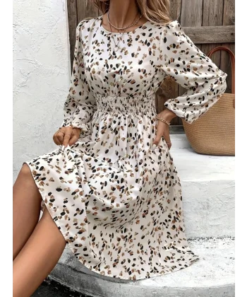 Kadın Uzun Kollu Bot Yaka Beli Lastikli Midi Süprem Elbise