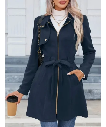 Kadın Uzun Kollu Boyundan Düğmeli Fermuarlı Beli Kuşaklı Süet Ceket