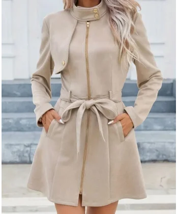 Kadın Uzun Kollu Boyundan Düğmeli Fermuarlı Beli Kuşaklı Süet Ceket