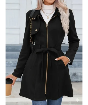 Kadın Uzun Kollu Boyundan Düğmeli Fermuarlı Beli Kuşaklı Süet Ceket