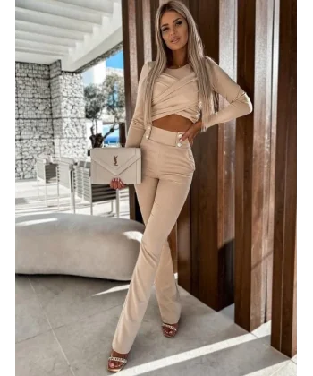 Kadın Uzun Kollu çapraz Büzgü Detay Bluz Ve Yüksek Bel Düğme Detay Pantolon Ikili Takım