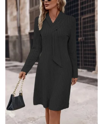 Kadın Uzun Kollu çapraz Geçmeli Kravat Yaka şardonlu Kaşkorse Kısa Elbise