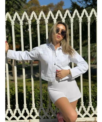 Kadın Uzun Kollu Cep Detay Kısa Biker Kot Ceket