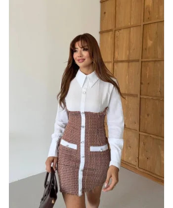 KADIN UZUN KOLLU CEP VE DÜĞME DETAY MİNİ GÖMLEK ELBİSE