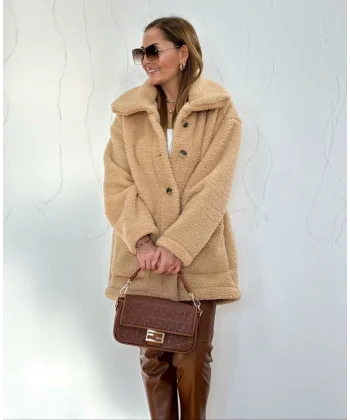 Kadın Uzun Kollu Cep Ve Düğme Detay Wellsof Kumaş Peluş Hırka