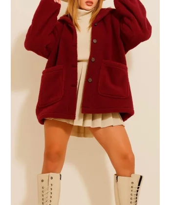 Kadın Uzun Kollu Cep Ve Düğme Detay Wellsof Kumaş Peluş Hırka