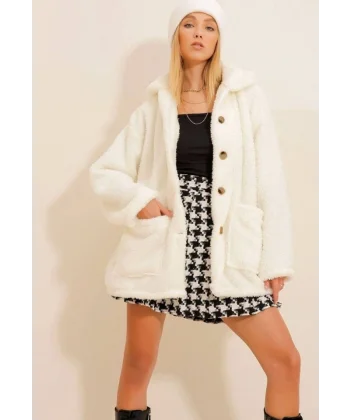 Kadın Uzun Kollu Cep Ve Düğme Detay Wellsof Kumaş Peluş Hırka