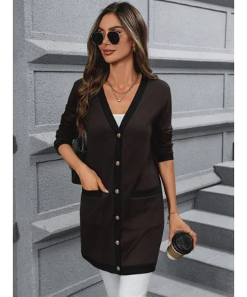 Kadın Uzun Kollu Cepli önden Düğmeli Uzun Modal Ceket