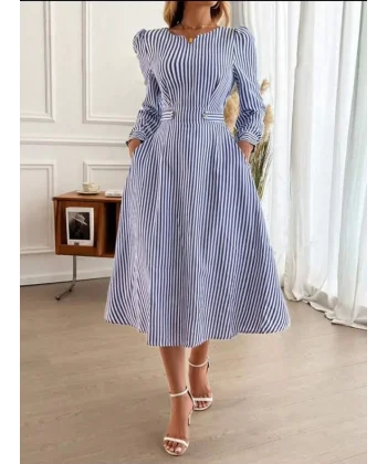 Kadın Uzun Kollu Cepli Trikoton Midi Elbise