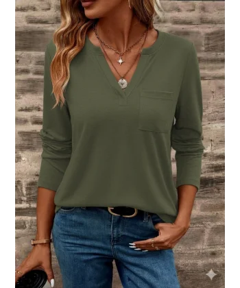 Kadın Uzun Kollu Cepli V Yakalı Viskon Iki Iplik Bluz