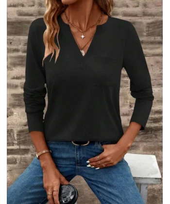 Kadın Uzun Kollu Cepli V Yakalı Viskon Iki Iplik Bluz