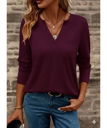 Kadın Uzun Kollu Cepli V Yakalı Viskon Iki Iplik Mürdüm Bluz