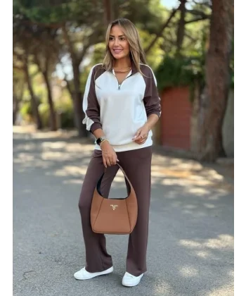 Kadın Uzun Kollu çift Renk Detay Modal Kumaş Ikili Takım