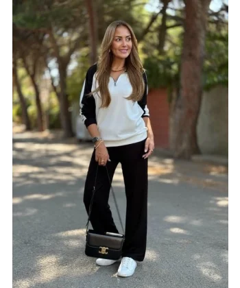 Kadın Uzun Kollu çift Renk Detay Modal Kumaş Ikili Takım