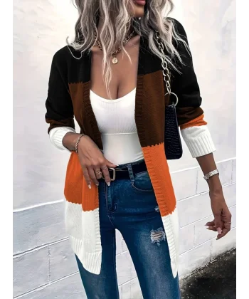 Kadın Uzun Kollu çift Renkli Uzun Triko Hırka