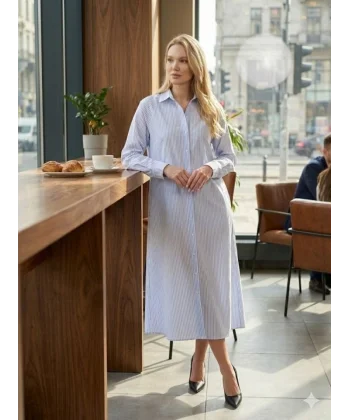 Kadın Uzun Kollu çizgi Detay Maxi Boy Gömlek Elbise