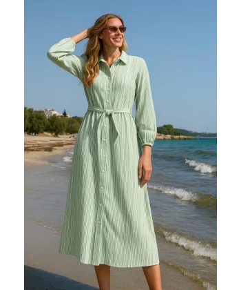 Kadın Uzun Kollu çizgi Detay Uzun Gömlek Elbise