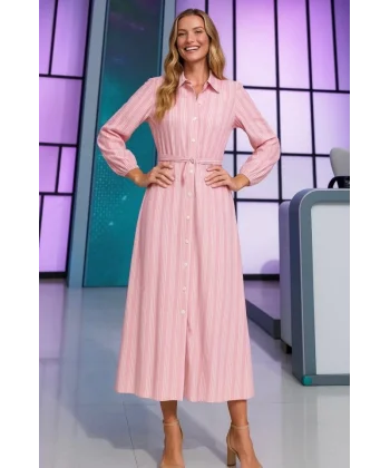 Kadın Uzun Kollu çizgi Detay Uzun Gömlek Elbise