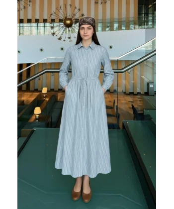 Kadın Uzun Kollu çizgi Detay Uzun Gömlek Elbise